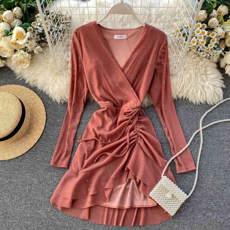 Summer Casual Long Sleeve V-neck Dress Asymmetrical Ruffle Elegant High Waist Women Party Dress 210521