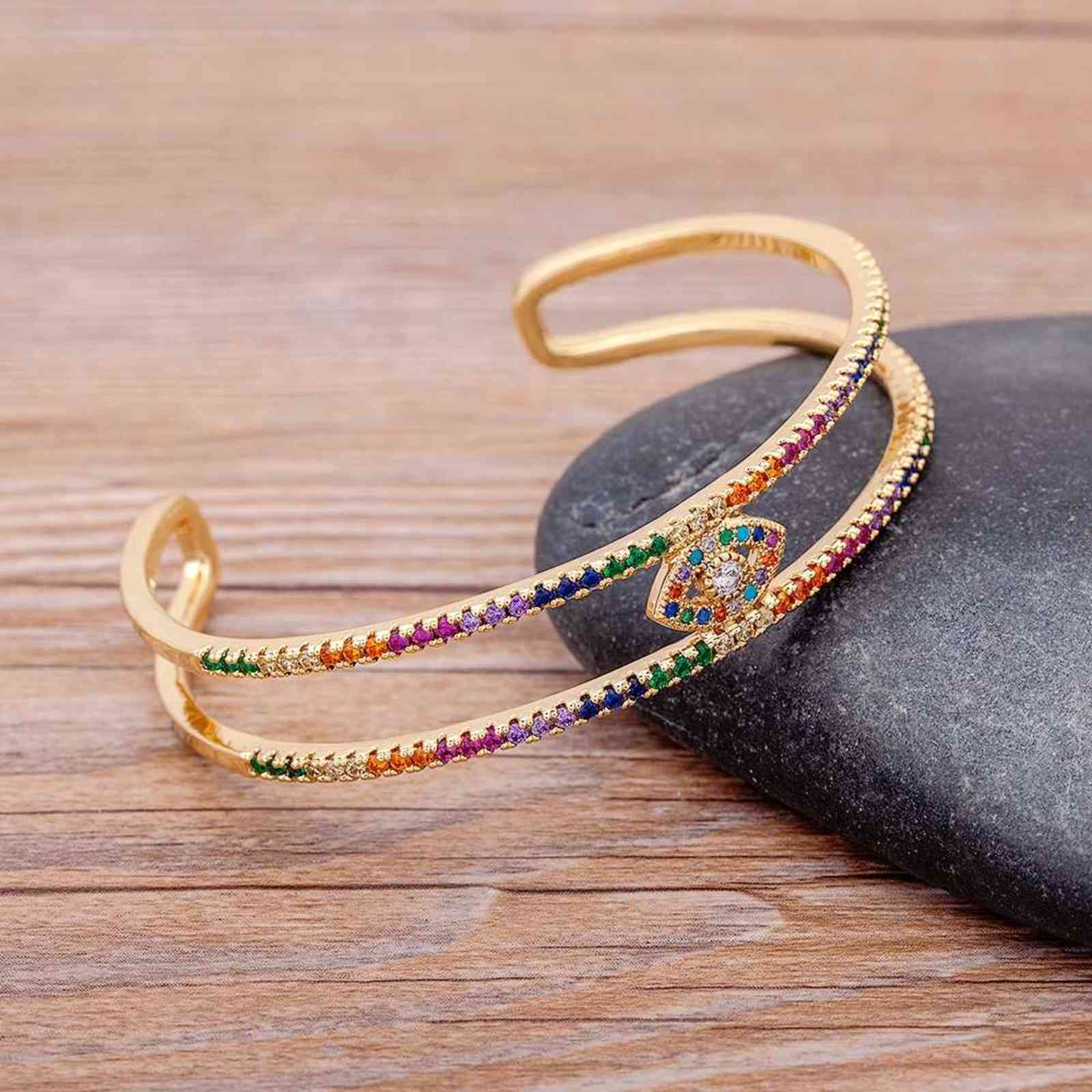 New Arrival Hollow Double Layer Open Cuff Rainbow Bangles Copper Zircon Luxury Evil Eye Bracelets & Adjustable Jewelry
New Arrival Hollow Double Layer Open Cuff Rainbow Bangles Copper Zircon Luxury Evil Eye Bracelets & Adjustable Jewelry
