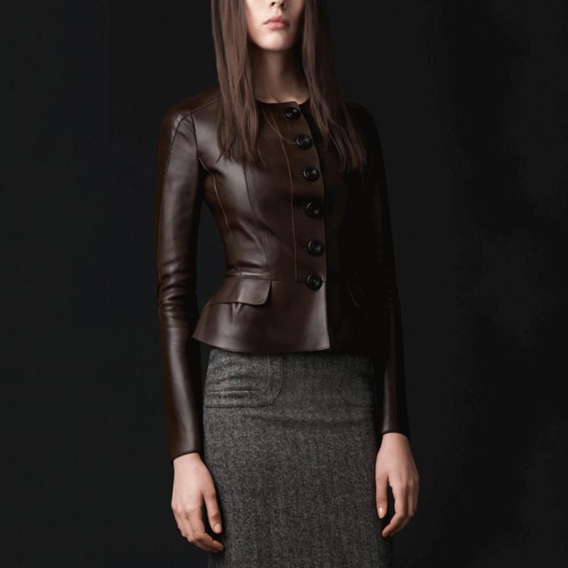 Genuine Leather 100% Biker Jacket Women Stand Collar Slim Fit Ruffle Short Outerwear Office Ladies High Quality Sheepskin Coat Women's & Fau