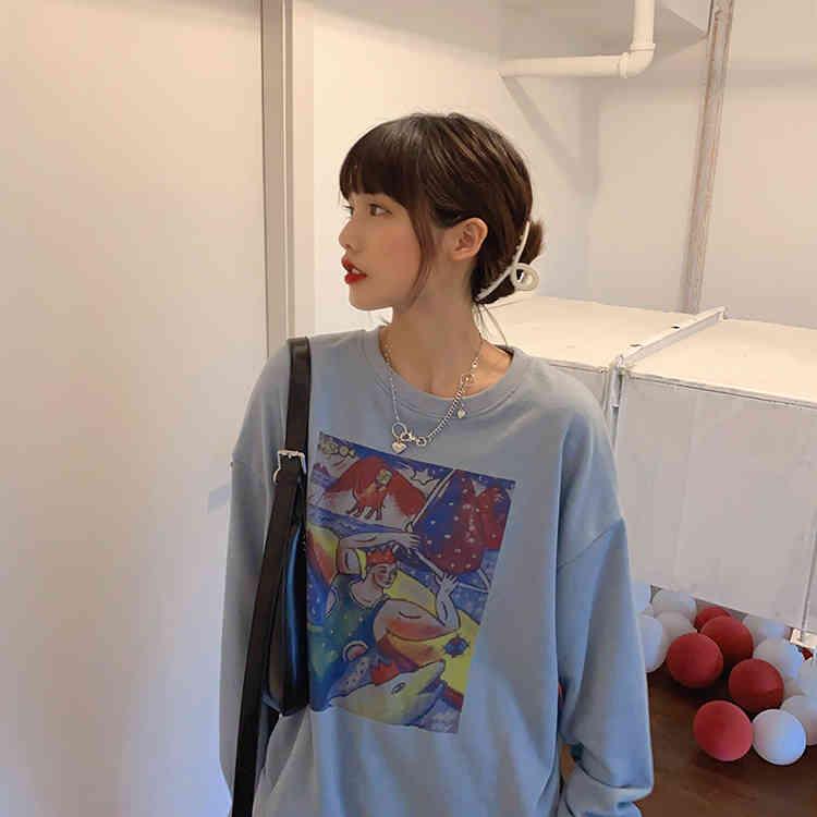 korean style large print long sleeve female thin loose sweatshirts womens streetwear clothes (F4102) 210423