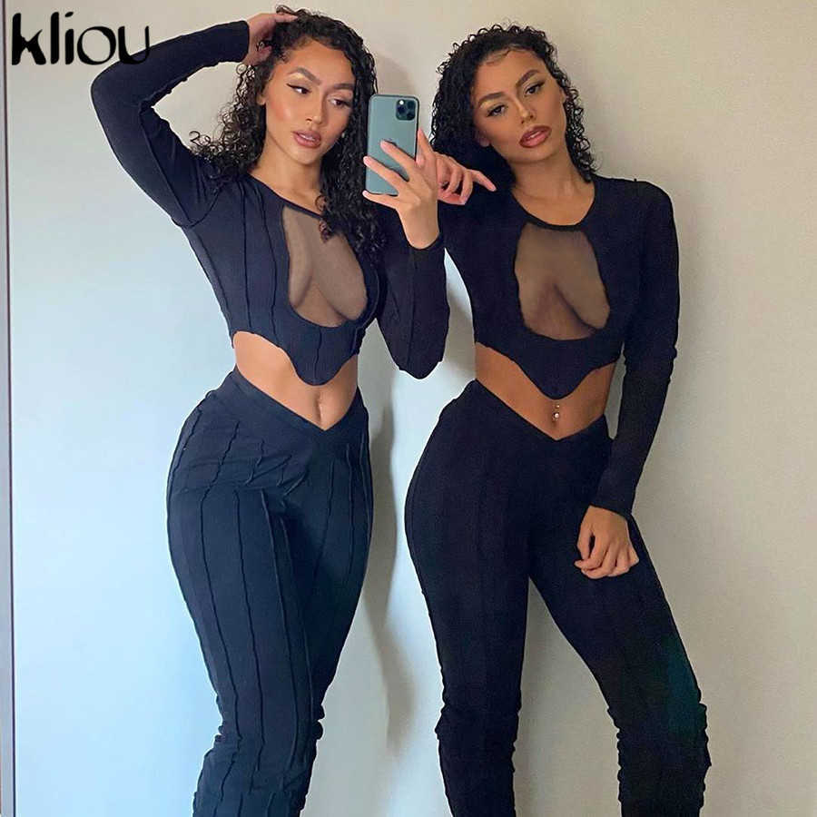 Kliou Hollow Out Mesh Solid Two Piece Outfits Women Autumn Long Sleeve Crop Top And Pants Matching Sets Female Casual Streetwear 211007