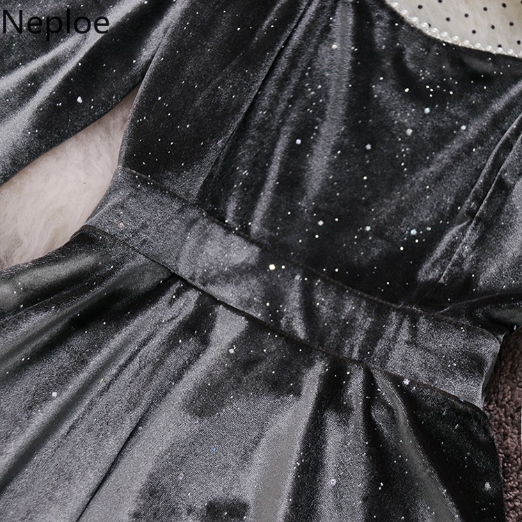 Neploe Chic Sequined Velvet Dress Patchwork Gauze Beading Robe Stand Neck Hollow Out Vestidos Flare Sleve Elegant Dresses Women 210422