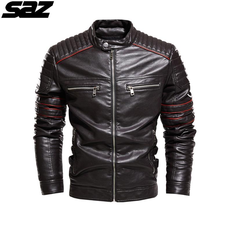 Saz Men Motorcycle Casusal Vintage Leather Jacket Coat Outfit Fashion Biker Pocket Design PU Men's Jackets