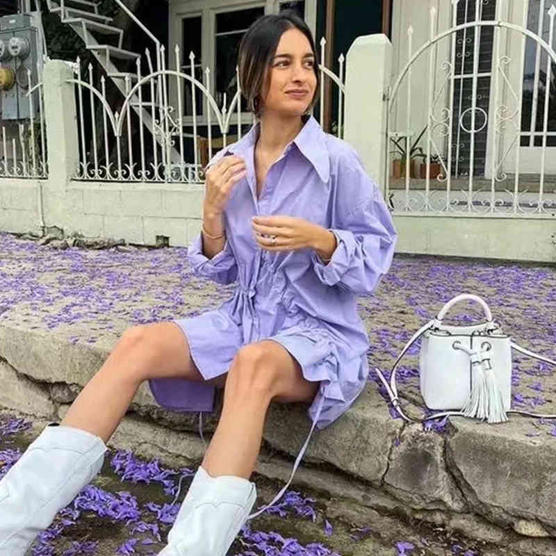 Foridol Chic Style Lace Up Short Shirt Dress Women Casual Oversized Streetwear Purple Short Dress Spring Autumn Dress 210415