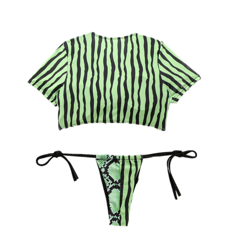 Swimwear Women Short Cap Sleeve Snake Print Bikini Female Swimsuit Stripe Two Pieces String Thong Biquini Set Bathing Suit 210520