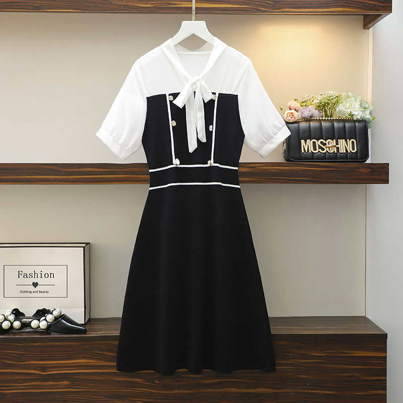 3XL plus size women casual Office Summer dress Summer short sleeve bow collar Patchwork kintting sweater dresses 210604, Black
3XL plus size women casual Office Summer dress Summer short sleeve bow collar Patchwork kintting sweater dresses 210604, Black