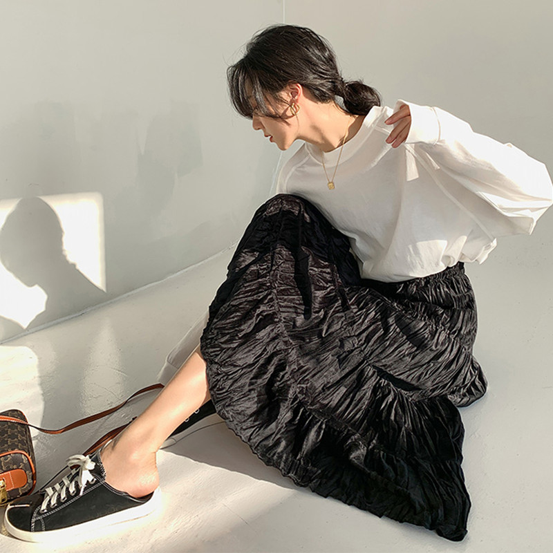 Spring High Waist Vintage Solid Pleated Velvet Skirt OL Elegant Fashion Bottoms Autumn Winter Long Skirts Womens 210421