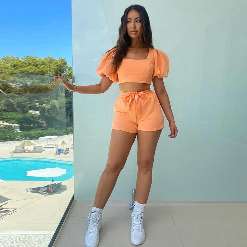 Colysmo Crop Top Shorts Sets Women Summer Activewear Two Piece Set Yellow Short Sleeve Jogging Fitness Tracksuit Outfits 210527