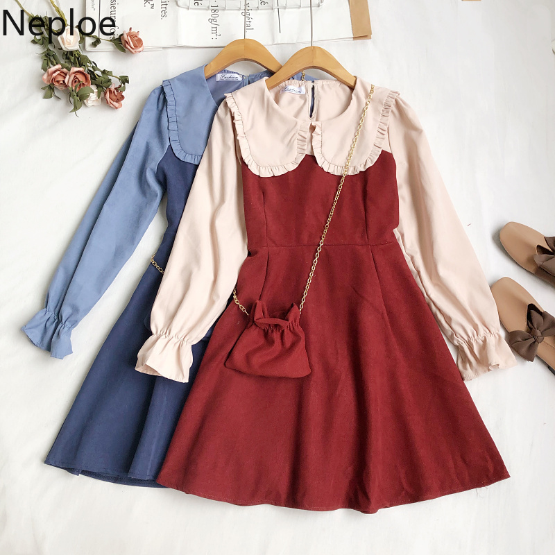 Neploe Women's Dress Contrast Color Patchwork Vestidos Autumn Korean Turn Down Collar Slim Chain Belt Bag All-match Dresses 210422