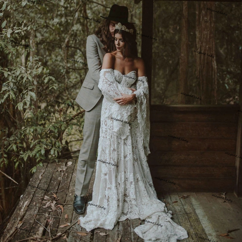 Nude Lining bohemian Wedding Dresses Cotton crochet Lace Unique Classical long sleeve country Bridal Gowns Rude Soriee Noivas