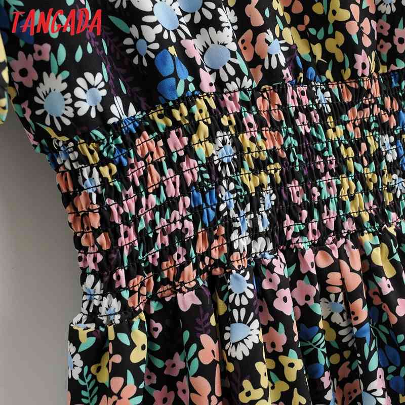 Women Green Flowers Print Chiffon V Neck Short Sleeve Ladies Vintage Dress Vestidos 1F175 210416