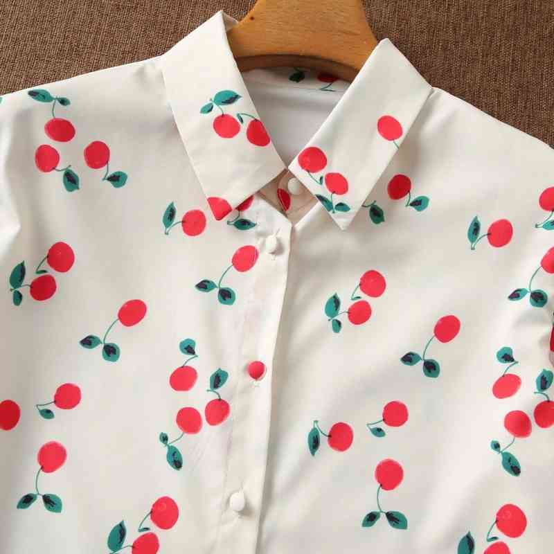 Women Cherry Printing Basic Shirt Casual Femme Long Sleeve Blouse Office Lady Loose Tops Blusas S8126 210430
