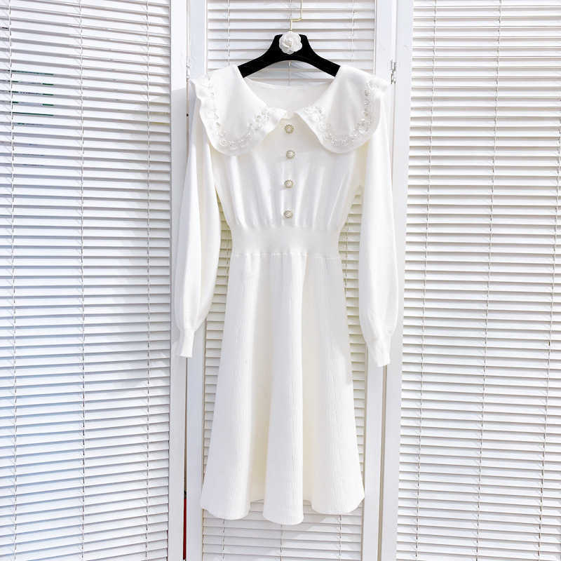 DEAT Women Stitching Sequins Slim Knitted Dress Peter Pan Collar Long Sleeve Elastic Waist Fashion Spring Summer MZ749 210709