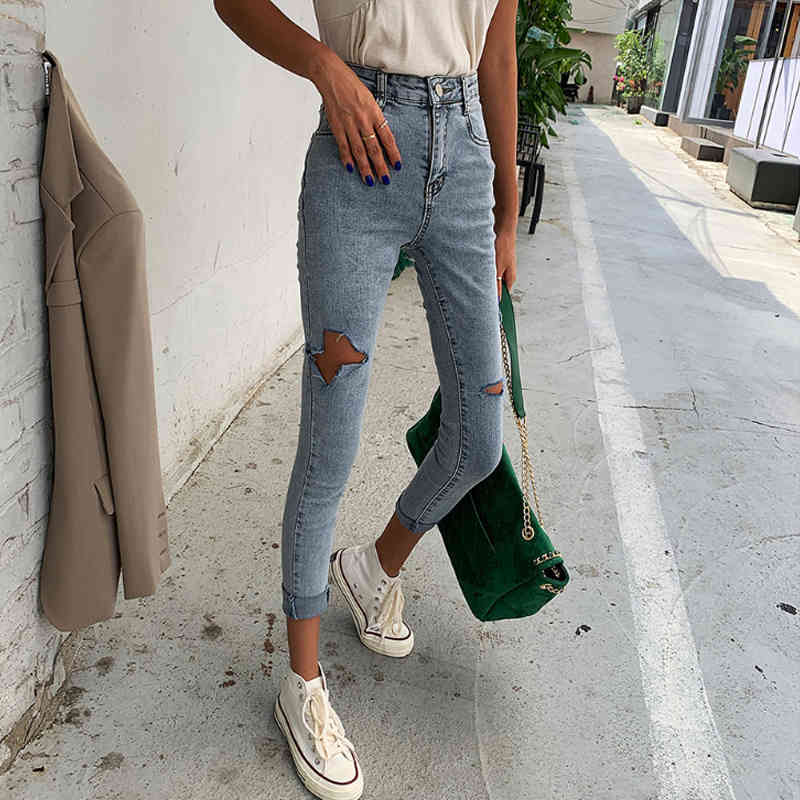 Fashion Vintage Skinny Blue Cotton Korean Slim Cool Denim Trousers Hole Ripped Jeans Autumn High Waist Woman 10416 210518