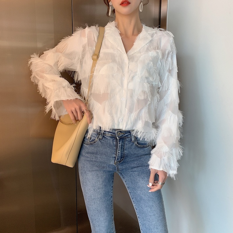 Spring Shirts Vintage Blouse Women White Long Sleeve Blouses Button Hong Kong Style Feather Shirt Tassel Chiffon Tops 12692 210506