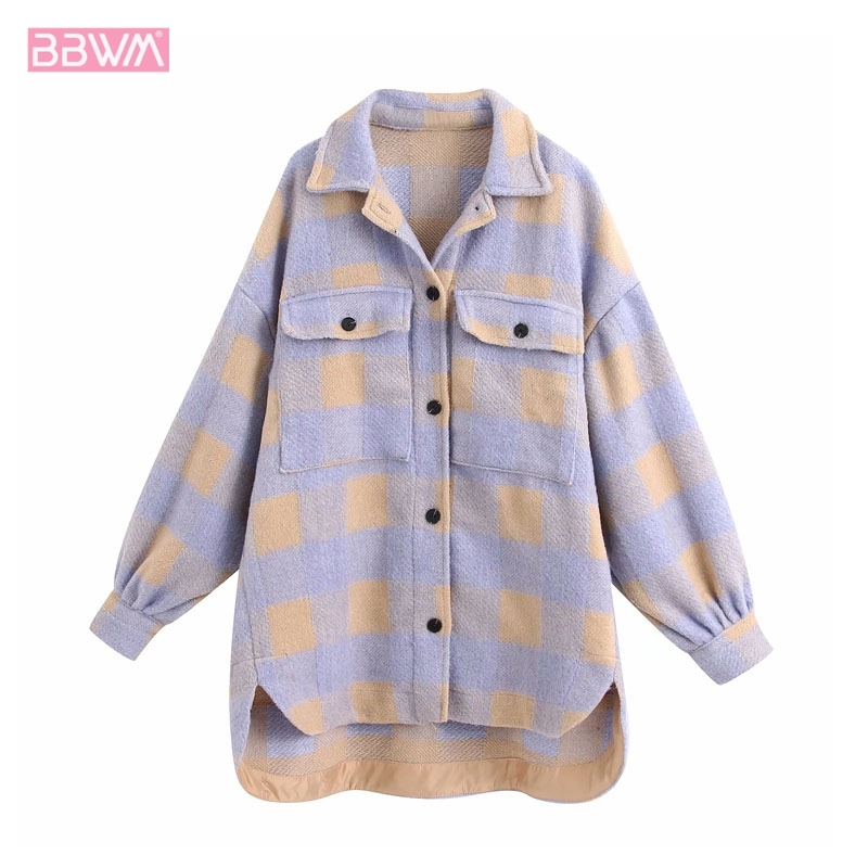 Lapel Long Sleeve Single-breasted Plaid Fashion Women's Jacket Korean Style Loose Retro Warm Double Pocket Chic Female Coat Tops 210507