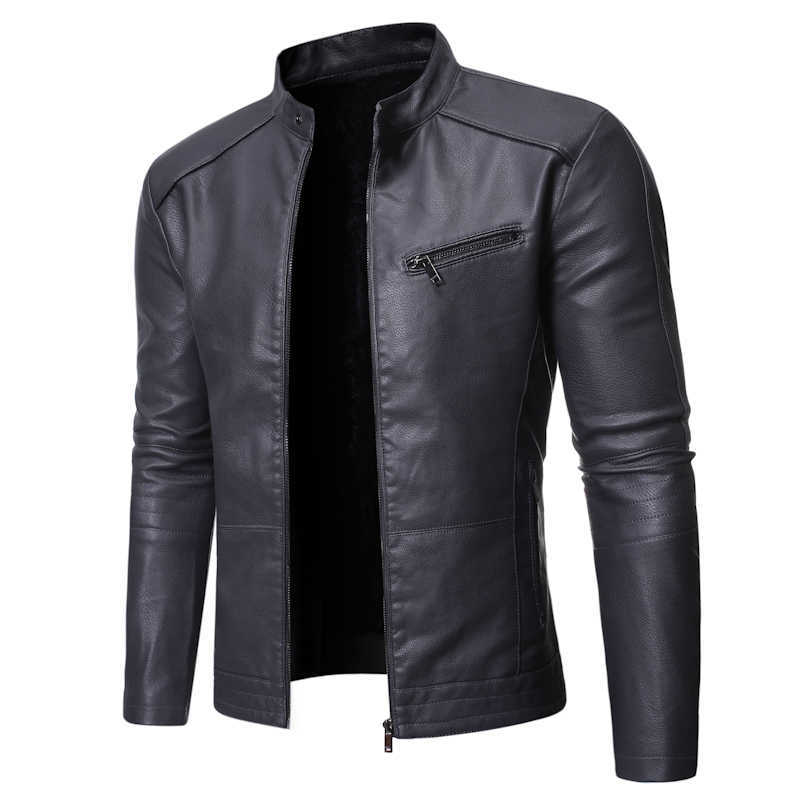 Autumn Winter High Quality Men's Solid Color Stand Collar Zipper Pocket Slim Motorcycle Fleece Long Sleeve Leather Jacket 211018