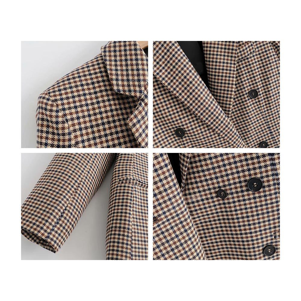 Vintage Double Breasted Office Ladies Plaid Blazer Long Sleeve Loose Houndstooth Suit Coat Jacket Women blazers Female 210428