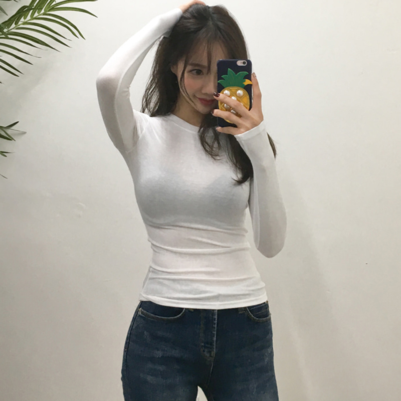 T Shirt Korean Style Slim T-shirts Sexy Tshirts Cotton Long Sleeve Summer Tops Tee Shirt Femme Khaki Blue White Black 210406