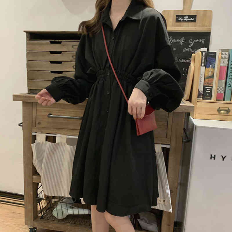 White Woman Dress Lantern Sleeve Solid Plus Size Dresses Vintage Single Breasted Women Shirts Vestidos 14510 210508