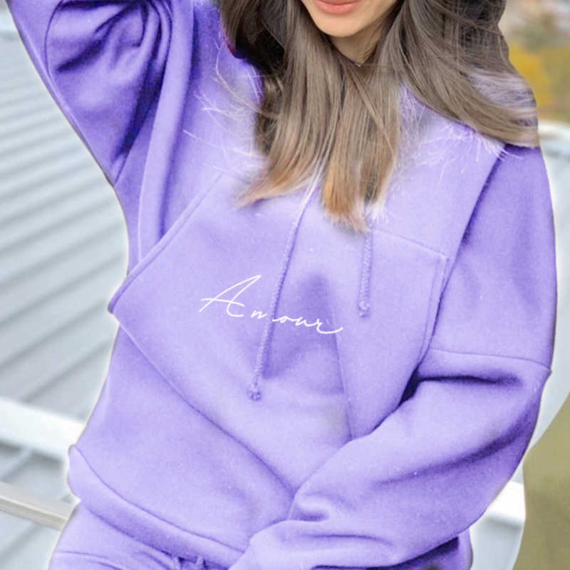Letter Print Fashion Oversized Hoodie Set Women Thick Fleece Sport Suit Hooded Sweatshirt Autumn Winter Women's Two Piece Set 210709
