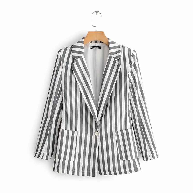 Autumn-Spring Women Casual Gray With White Striped Blazer Fashion Long Sleeve Single Breasted Jacket Outwear feminino 210421