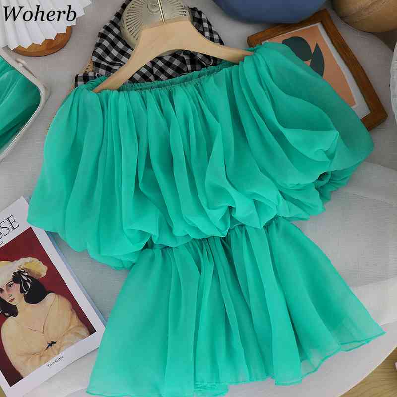 Women Sweet Ruffles Blouse Sexy Off Shoulder Blusas Solid Elegant Puff Sleeve Ladies Summer Korean Shirts Chic Tops Mujer 210519