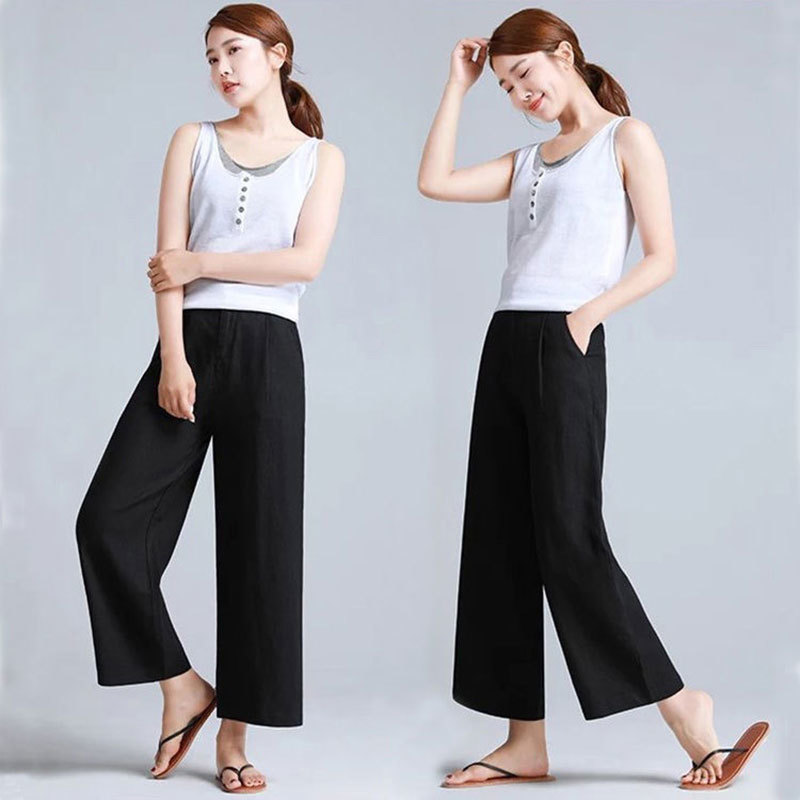 Summer Women Loose Ankle-length Pants Plus Size Elastic Waist Casual Wide Leg Solid Cotton Linen D56 210512