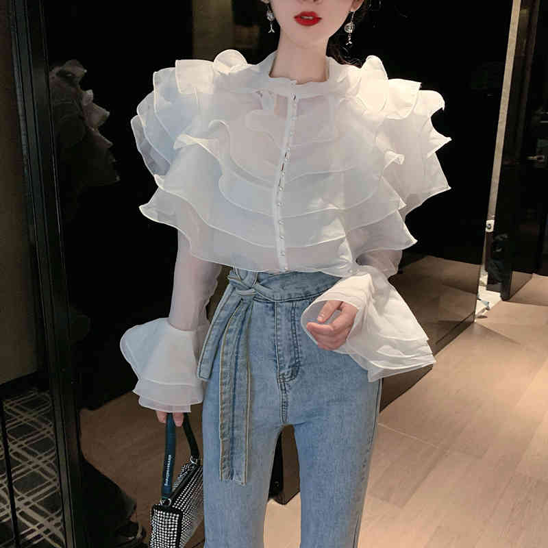 Fashion Pearl Button Purple Shirt Elegant Women's Flare Sleeve Ruffles Office OL Blouses Female Ladies Spring 210519