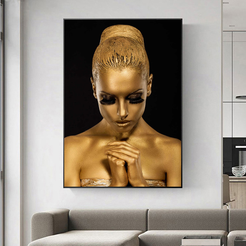 African Golden Woman Poster Wall Art Canvas Painting Abstract Portrait Picture HD Print For Living Room Home Decoration Cuadros