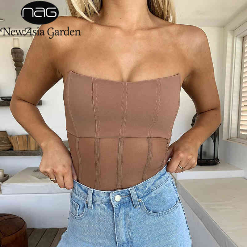 NewAsia See Through Corset Top Women Solid Color Strapless Mesh Patchwork Bustier Top Ladies Basic Bodycon Sexy Casual Outfits 210413