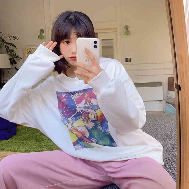 korean style large print long sleeve female thin loose sweatshirts womens streetwear clothes (F4102) 210423