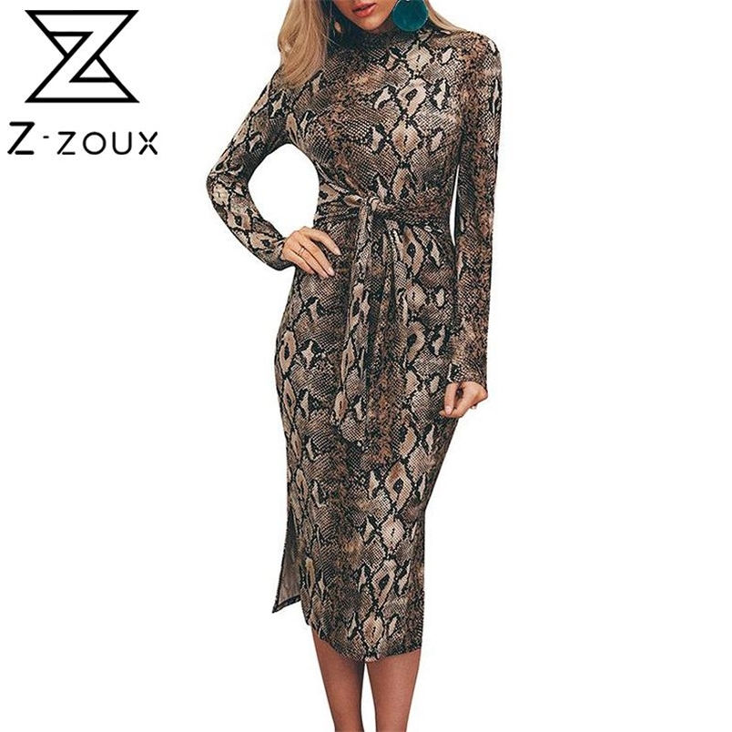 Women Dress Serpentine Printed Vintage Long Sleeve Bandage es High Waisted Split Slim Thin Summer es 210513