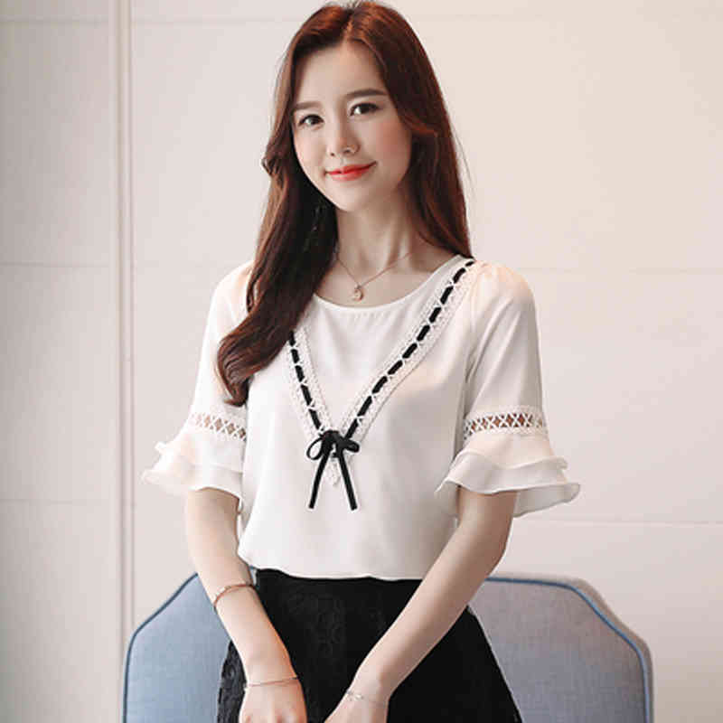 Women's Tunic Summer Short Sleeve Solid Color Elegant Bow Chiffon Blouse Women Office Lady V-neck White 8851 50 210427