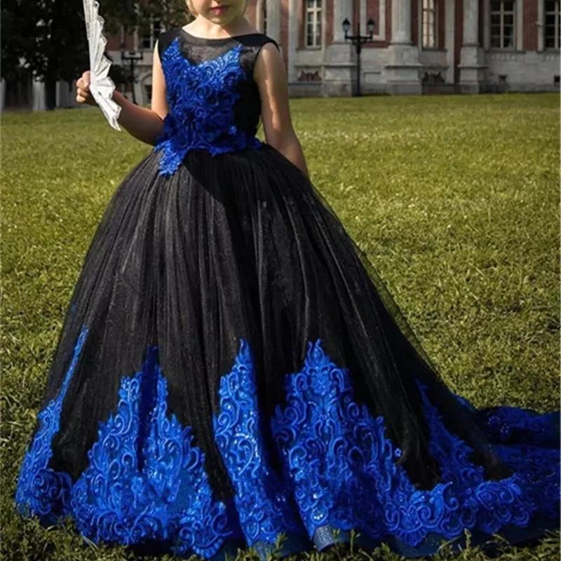 Girl's Dresses Lovely Black Flower Girls Wedding With Royal Blue Applique V-Backless Long Train Communion Birthday Gowns, Red;yellow
Girl's Dresses Lovely Black Flower Girls Wedding With Royal Blue Applique V-Backless Long Train Communion Birthday Gowns, Red;yellow