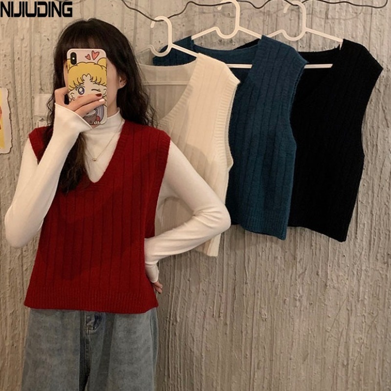 Women Solid Retor Loose V-neck Trick Striped Sweater Vest Autumn Spring Female Knitted Tank Vests with Bottoming Tops 210514