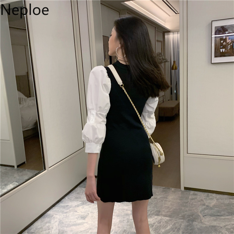 Neploe Fashion Mini Dresses Patchwork Contrast Color Bodycon Dress for Women Sweet Robe Korean Slim Waist Knit Vestidos 210422