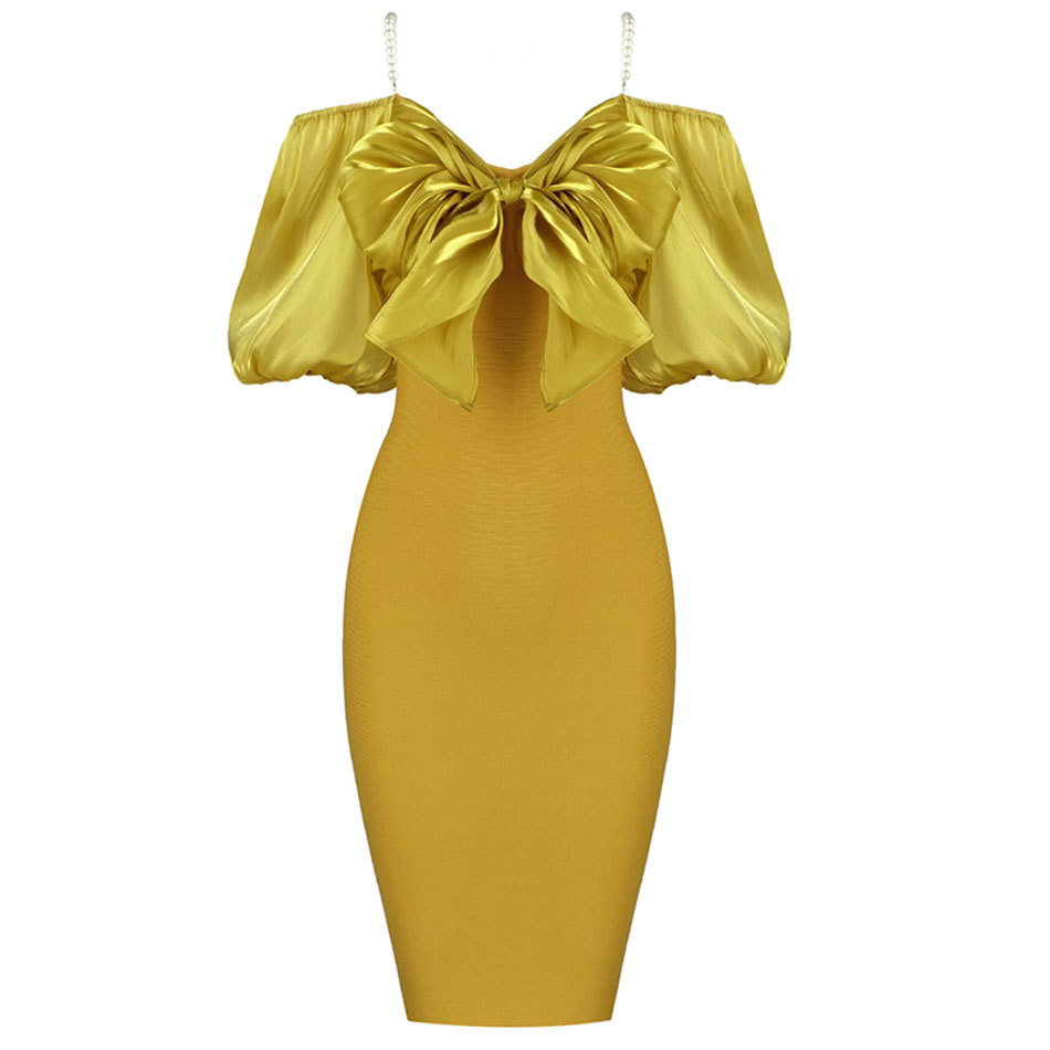 Free Women's Satin Patchwork Bandage Dress Sexy Knit Strap Bowknot Lantern Sleeve Bodycon Club Party Dresses 210524