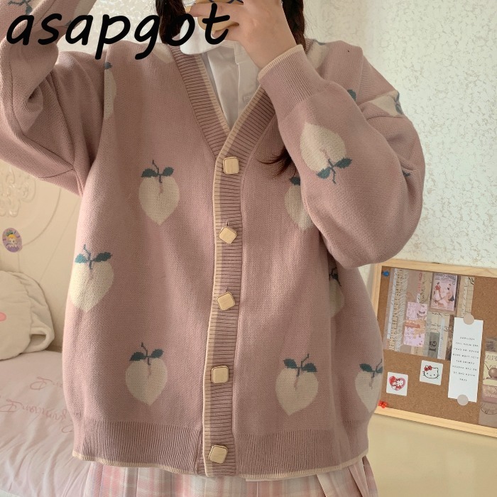 4style Vintage Japan Style Loose V Neck Pink Peach Knitted Cardigan Jacket Autumn Winter Sweet Girls Knitwear Top Fashion Print 210429