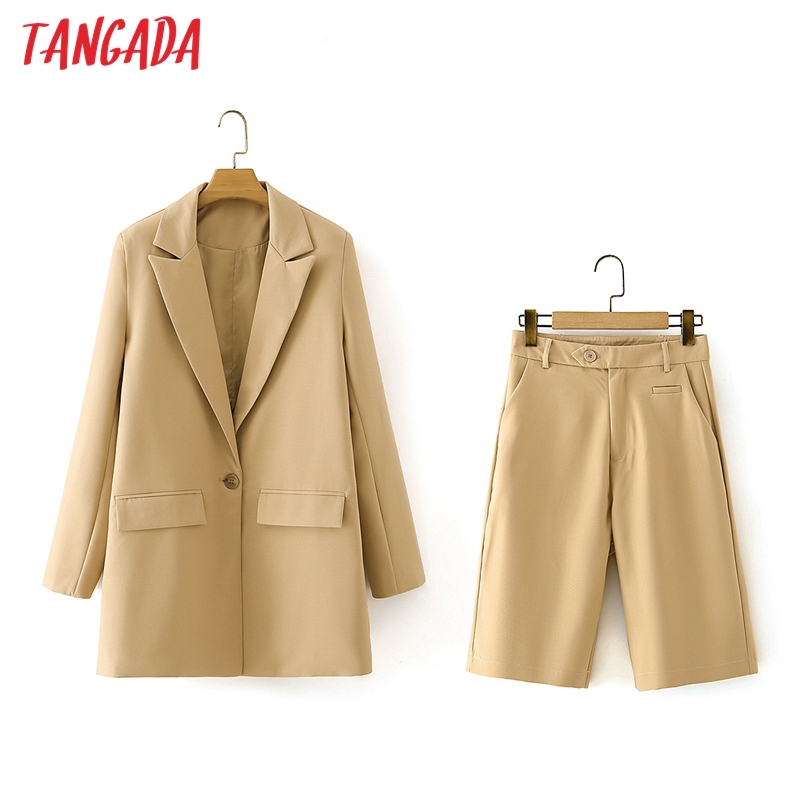 Elegant Women's Solid Khaki Blazer Fashion 2 Piece Set Suit and Shorts DA97 210416