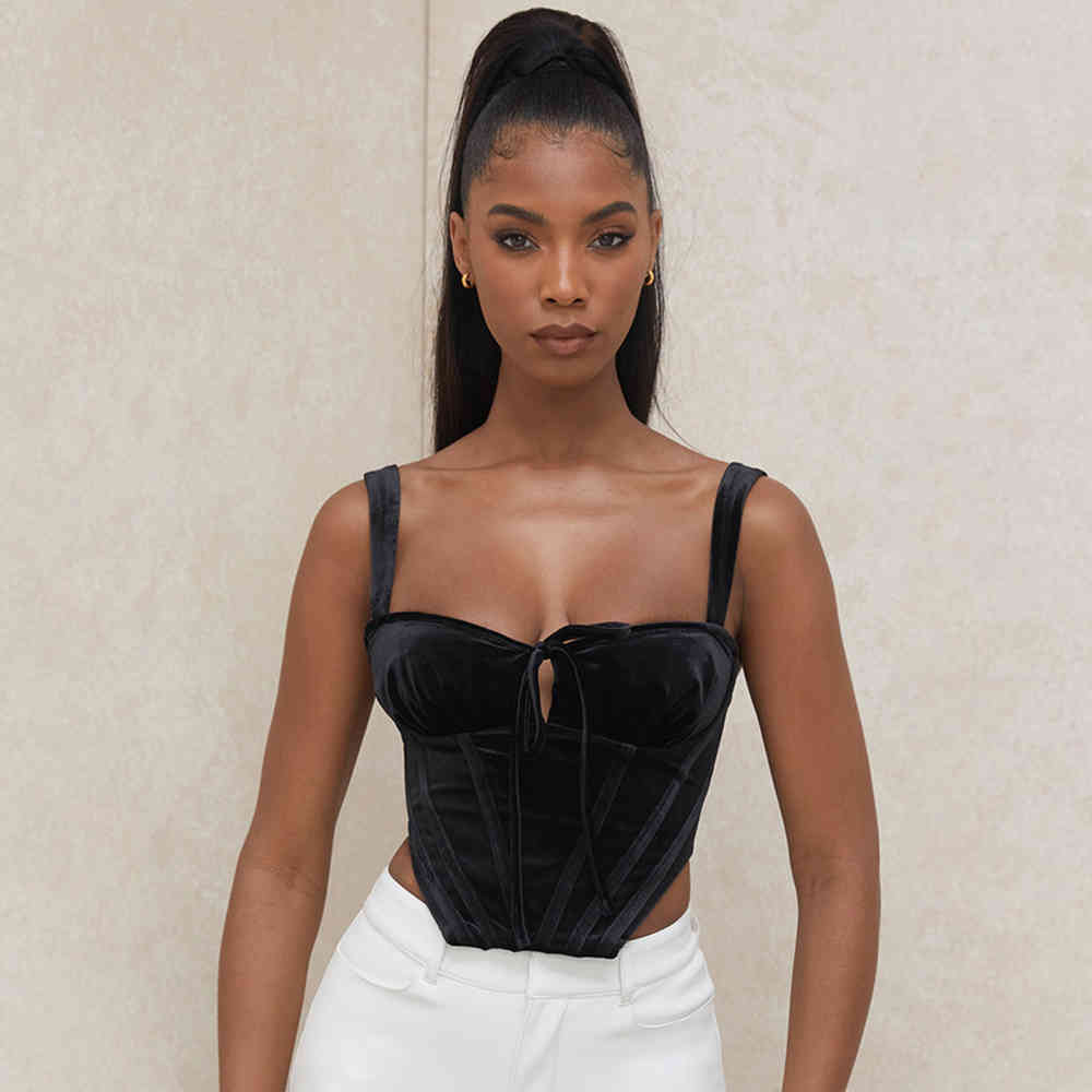 Summer Women Spaghetti Strap Mini Tops Sexy Black Velvet Sleeveless Celebrity Evening Party Outwear Crop Lady Top 210423