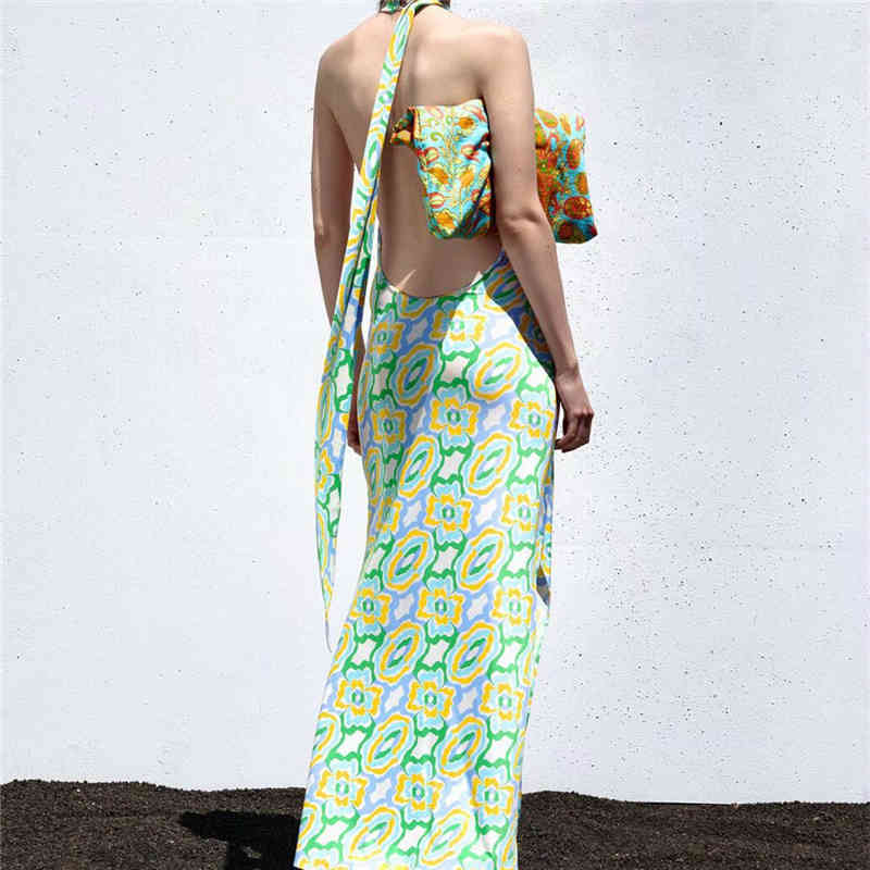 Casual Woman Green Halter Print Long Dress Summer Fashion Ladies Backless Beach es Female Sleeveless Midi 210515