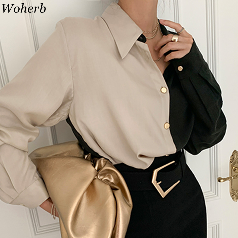 Vintage Women Blouses Turn-down Collar Contrast Color Shirts Tops Loose Casual Single Breasted Blouse Blusas Femme 4H247 210519