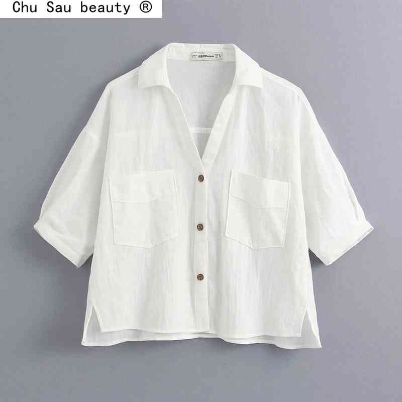 Fashion Spring Pockets Loose Linen Blouses Vintage Short Sleeve Side Vents Female Shirts Chic Tops Women 210508