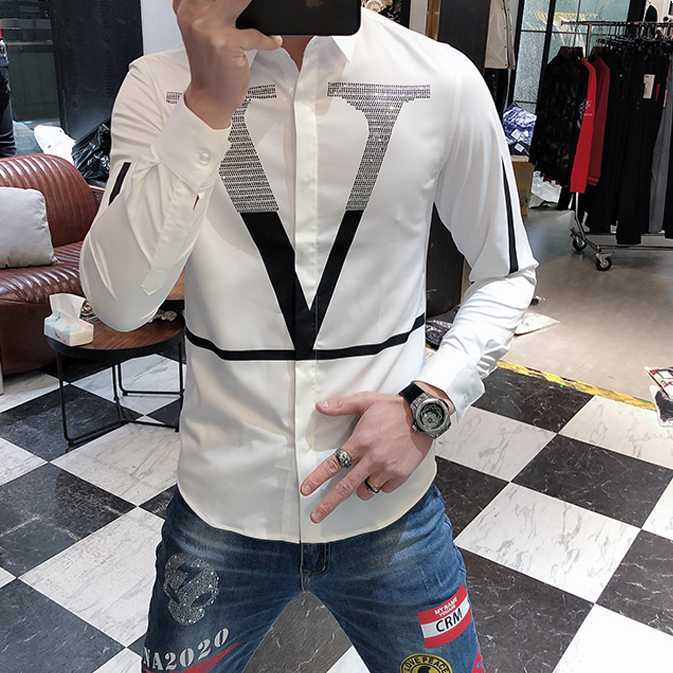 Letter Shirts Men Long Sleeve Business Casual Dress Shirt Slim Streetwear Social Nightclub Chemise Homme 210721