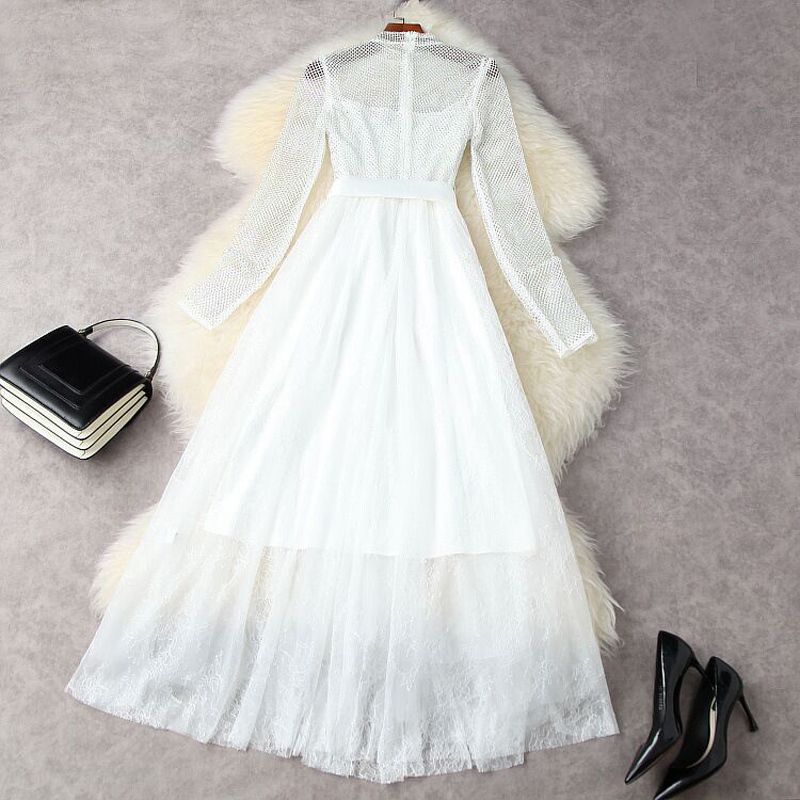 HIGH QUALITY Summer Women Elegant Long Sleeve Perspective Mesh Patchwork Lace Belt Diamond Hollow Out White Dress 210521