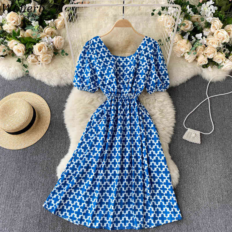 Vestido De Mujer Summer Backless Hollow Bow Slim Sweet Dress Women Sexy Puff Sleeve Fashion Print Bandage Party Dresses 210519