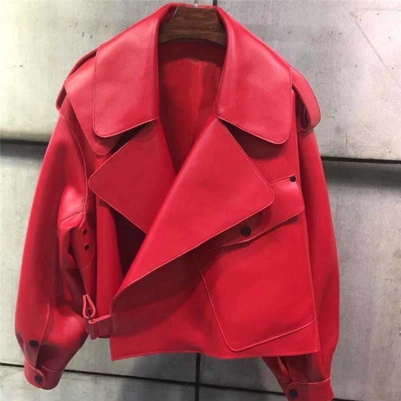 Sungtin Women Faux Leather Jacket Soft Loose Vintage Biker Coat Short Pockets Motor PU Black Jacket Autumn Street Leather Coat 210909