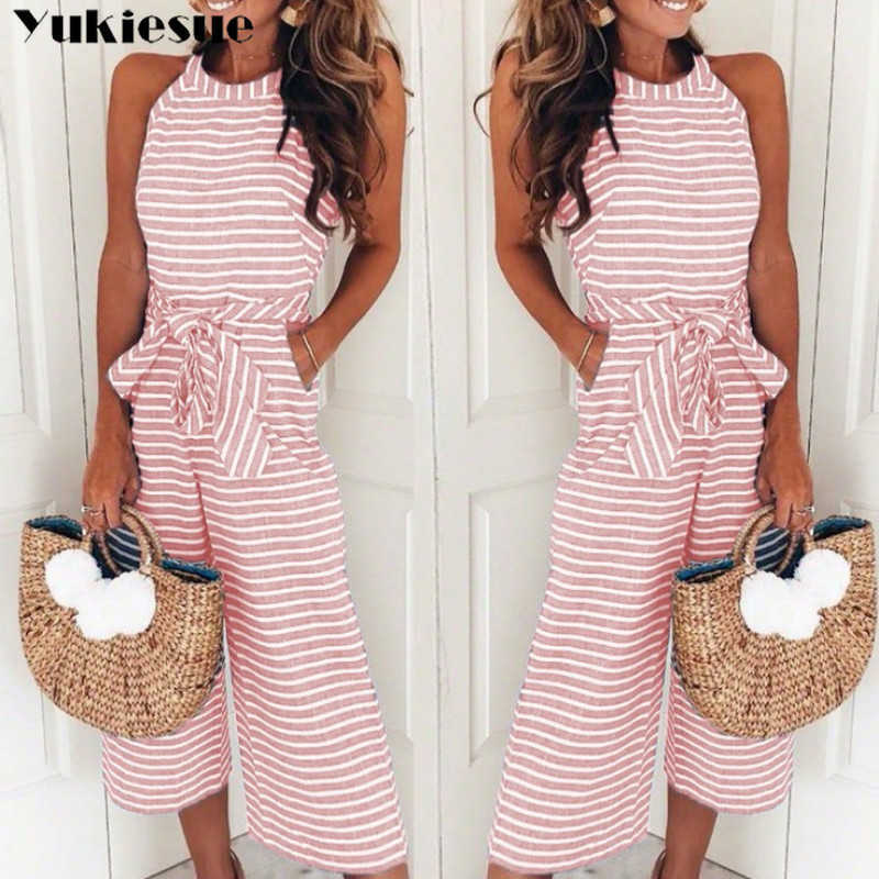 Elegant Sexy Jumpsuits Women Sleeveless Striped Jumpsuit Loose Trousers Wide Leg Pants Rompers Holiday Belted Leotard Overalls 210608
