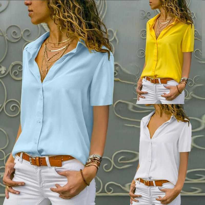 Lady Work Wear Shirt Women Solid Short Sleeve Chiffon Blouses Elegant Lapel Office Summer White Yellow Blouse Tops Plus Size 5XL 210721, Dark blue 
Lady Work Wear Shirt Women Solid Short Sleeve Chiffon Blouses Elegant Lapel Office Summer White Yellow Blouse Tops Plus Size 5XL 210721, Dark blue